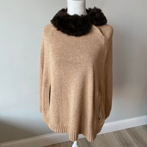 Land's End Tan & Brown Knit Cape Sweater w Removable Faux Fur Collar Women's XL